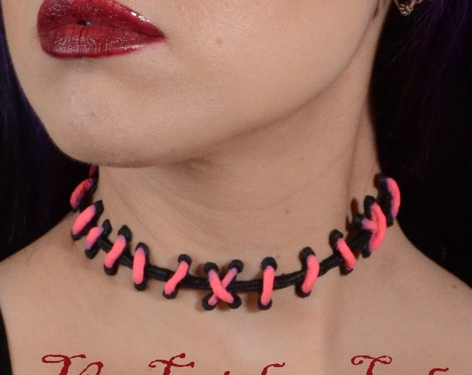 Cute creepy - Frankenstein Monster Glam Stitches Choker-Brite Pink and Black small stitches