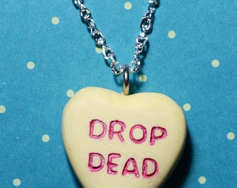 Candy Heart  Creepy Spooky Valentine  Necklace  - Drop Dead Candy Heart - Yellow