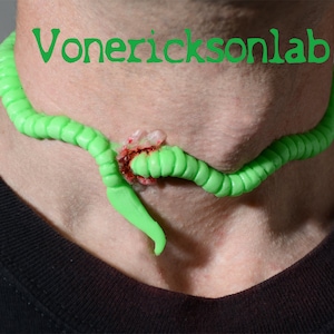 May include: A green, worm-like necklace with a segmented design, wrapped around a neck. The necklace appears to be made of a flexible material. The text "Vonericksonlab" is displayed in green above the neck.