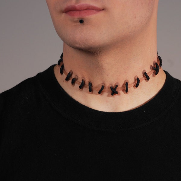 Frankenstein Zombie Stitch Necklace - Flesh Natural stitches Choker