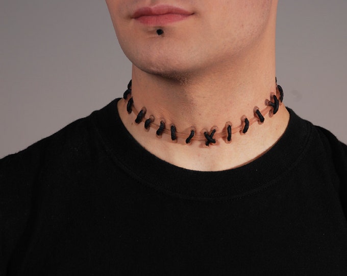 Frankenstein Zombie Stitch Necklace - Flesh Natural stitches Choker