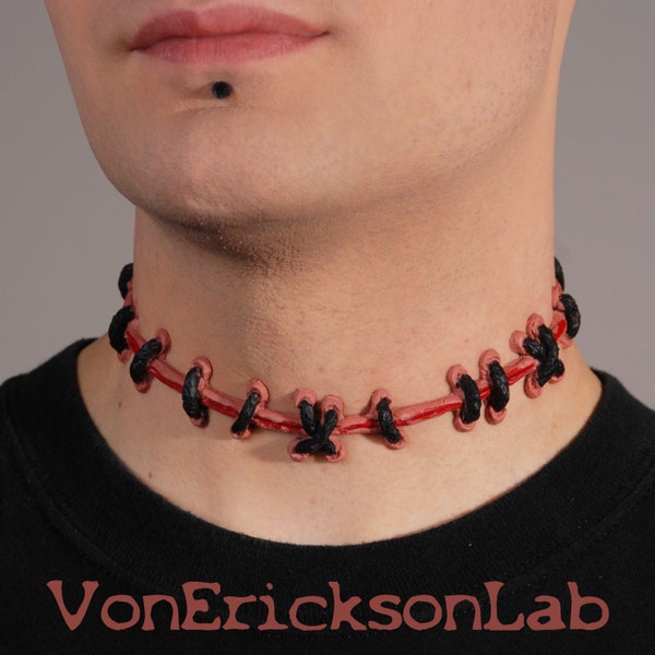 Stitch Necklace - Halloween Jewelry - Stitches Gothic choker necklace Flesh with hand painted blood