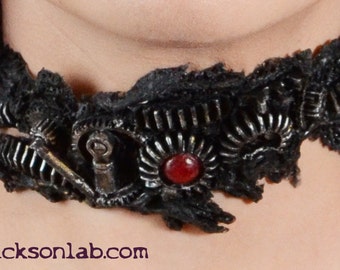 Steampunk  Zombie Gear Choker - Black and metalic  Tone -  Gothic Horror Slit throat Cyberpunk Jewelry