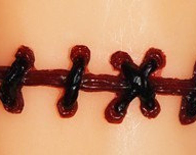 The Original   Von Erickson Stitch Bracelet- Black THIN stitches on Dark Red 2 PC SET