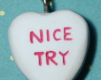 Candy Heart Creepy Cute Anti Valentine   Necklace  - Nice Try- Blue