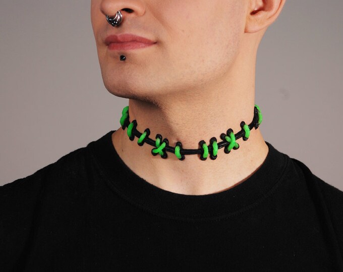 Frankenstein Zombie  Brite Green stitches Choker-WIDE Stitch