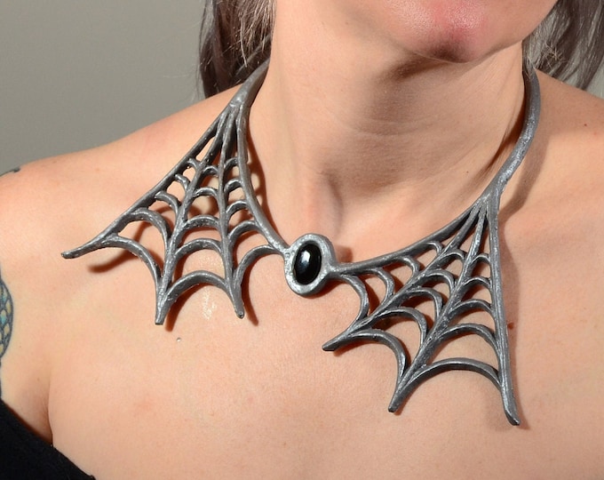 Spider Web Collar Necklace Antique  Silver Tone ... Creepy Cute