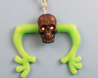 Creepy Crawlers Necklace  Black skull with creepy hands and Sparkle eyes