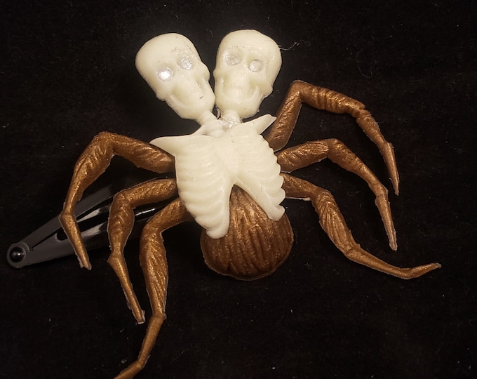 Hair Barrette  Two Headed Glow in the Dark  skeleton with Sparkle eyes and Spider