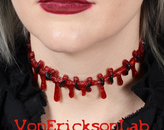 Dripping Blood Stitch Necklace Choker  -Creepy Cute Bright Red Glitter