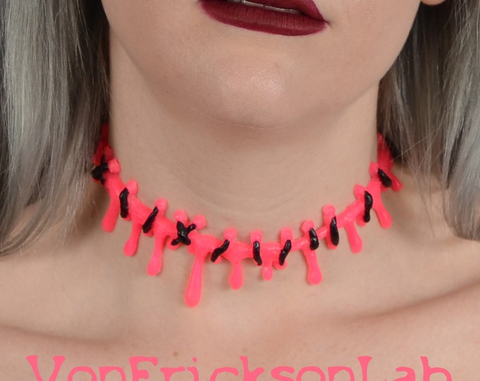 Dripping Blood and Stitch Necklace Choker  -Creepy Cute Extreme HOT Pink Pastel goth Kawaii
