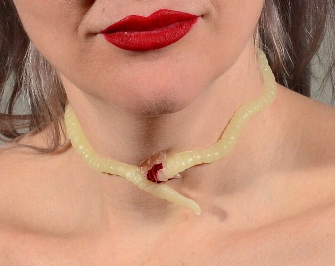 White Creepy Worm Penetrating your Neck Horror Choker prosthetic Creepy cute