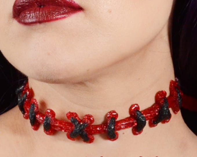 Gothic Jewelry Bride of Frankenstein Glam Stitches choker necklace Glitter bright red Extreme