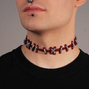 Frankenstein Psychobilly Zombie Silver and Dark Red Wide stitches Choker image 1