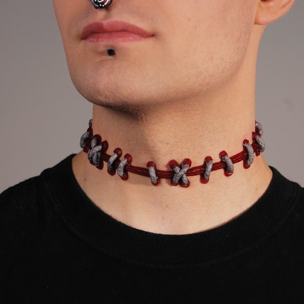 Frankenstein Psychobilly  Zombie -  Silver and Dark Red  Wide stitches Choker