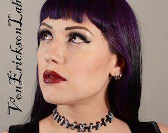 Frankenstein Monster Zombie - Silver and Black  stitches Choker