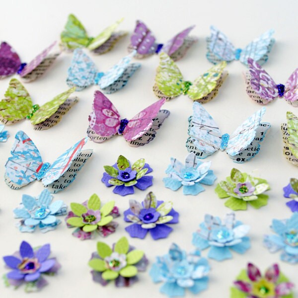 Layered Handmade Paper BUTTERFLIES and FLOWERS with Dictionary Print and Glitter - 30 Count