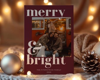 Modern Merry & Bright Christmas Card Template, Editable Canva Holiday Photo Card, Minimalist Family Christmas Card, 5x7 Instant Download