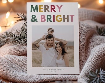Modern Merry & Bright Christmas Card Template, Editable Canva Holiday Photo Card, Colorful Minimalist Family Christmas Card, Printable