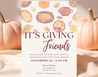 Friendsgiving Invitation Template, Editable Canva Thanksgiving Template, Thanksgiving Potluck Invitation, It's Giving Friends, Printable
