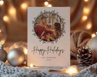 Modelo de cartão de Natal com guirlanda boho, cartão fotográfico natalino neutro (download digital)