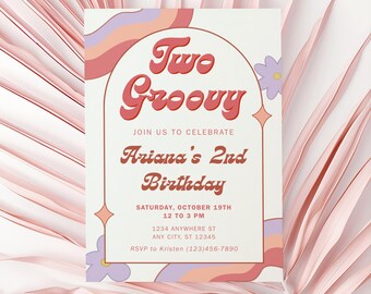 Plantilla de invitación de cumpleaños con estilo retro, invitación de cumpleaños editable, fiesta de cumpleaños para niña con estilo, invitación rosa para el segundo cumpleaños, imprimible.