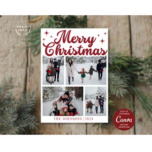 Modelo de cartão de Natal Boho editável, cartão de fotos de Natal com 4 fotos, cartão de Natal neutro para impressão, modelo Canva, cartão de Feliz Natal