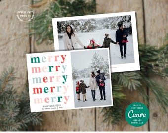 Editable Colorful Boho Christmas Card Template, Cute Colorful Holiday Card, Merry Neutral Christmas Photo Card, Printable DIY Card Ideas
