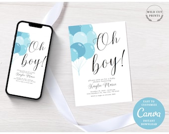 Editable Boy Baby Shower Invitation, Oh Boy! Baby Shower Invite, Minimalist Baby Shower, Instant Download Canva Template, Balloons, Simple