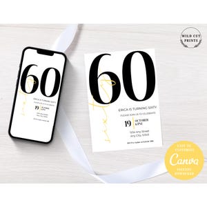 Editable 60th Birthday Invitation Template, Printable Birthday Party Invitations, 60th Birthday Party, Digital Download Party Invite, Canva