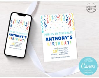 Editable Colorful Confetti Birthday Party Invitation Template, Colorful Invites, Simple Birthday Invitation, Digital Print Invitation