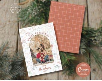 Plantilla editable de tarjeta navideña con doodle, tarjeta con foto navideña bohemia, plantilla moderna de Canva de 5 x 7, añade tus propias fotos.