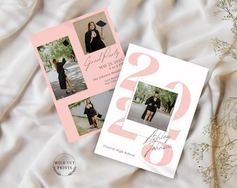 Graduierung Party Einladungsvorlage, Boho Grad Invite, graduierung Ankündigung, minimalistische Einladung, rosa grad Ankündigung, Canva Download