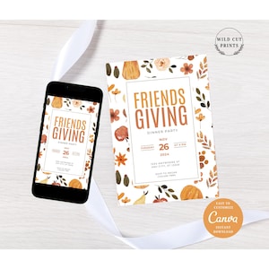 Editable Friendsgiving Dinner Invitation Template, Thanksgiving Potluck Dinner Invite, Digital Thanksgiving Evite, Cute, Fall