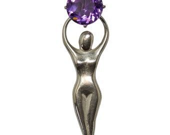 Amethyst Goddess Pendant with Large Amethyst Stone and Sterling Silver Body