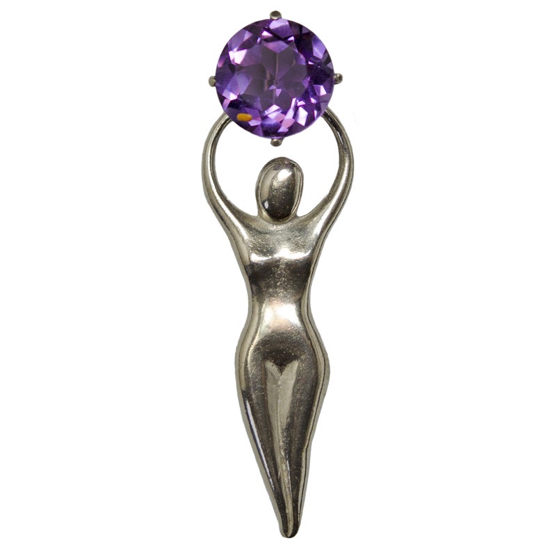 Amethyst Goddess Pendant with Large Amethyst Stone and Sterling Silver Body