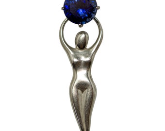 Sterling Silver Goddess Pendant with Large Sapphire Gemstone
