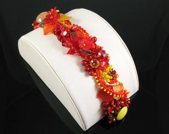 Red and Orange Sunburst Freeform Woven Beaded Bracelet