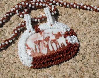 Embroidered Flamingo Jasper Pendant on Woven Bead Necklace