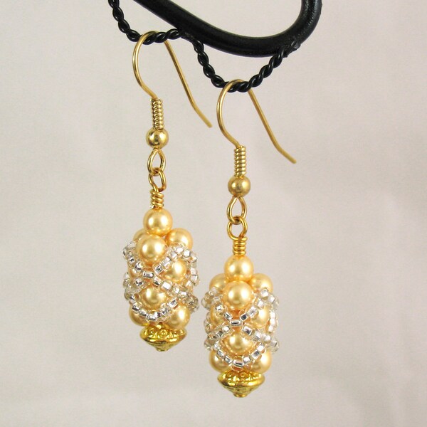 Wedding Earrings in Gold Swarovski Pearls, Silver Lined Crystal Glass Beads, Woven
