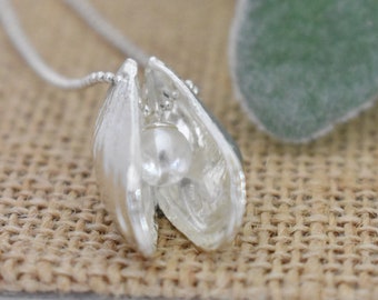 Double Mussel Shell Necklace with Pearl Sterling Silver Marine Life Jewellery UK Hallmarked