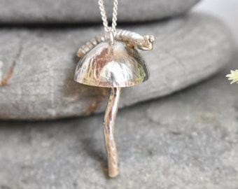 Mushroom Fungi Worm Necklace Fairycore Cottagecore Sterling Silver