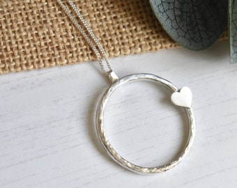 Circle heart sterling silver necklace hammered necklace UK Hallmarked