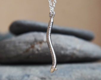 Sterling Silver Worm Pendant Necklace: Cottagecore Insect Jewelry