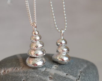 Silver stacked pebble necklace, Zero waste recycled jewellery, Silver cairn necklace, Yoga jewellery