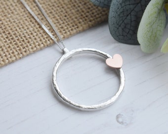 Copper Silver Circle Heart Necklace Mixed Metal