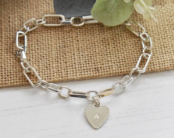 Geometric Rectangle Heart Reversible Personalised Paper Clip Style Bracelet Sterling Silver UK Hallmarked