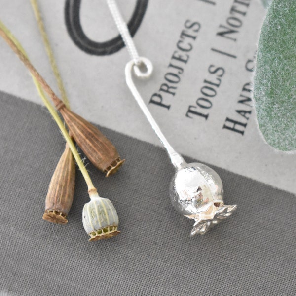 Poppy Seed Head Drop Necklace, Botanical Jewellery, UK Hallmarked Sterling Silver