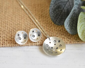 Necklace and Earring Set Circle holes 'LIFE' disc sterling silver