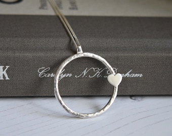 Circle heart sterling silver necklace hammered necklace UK Hallmarked